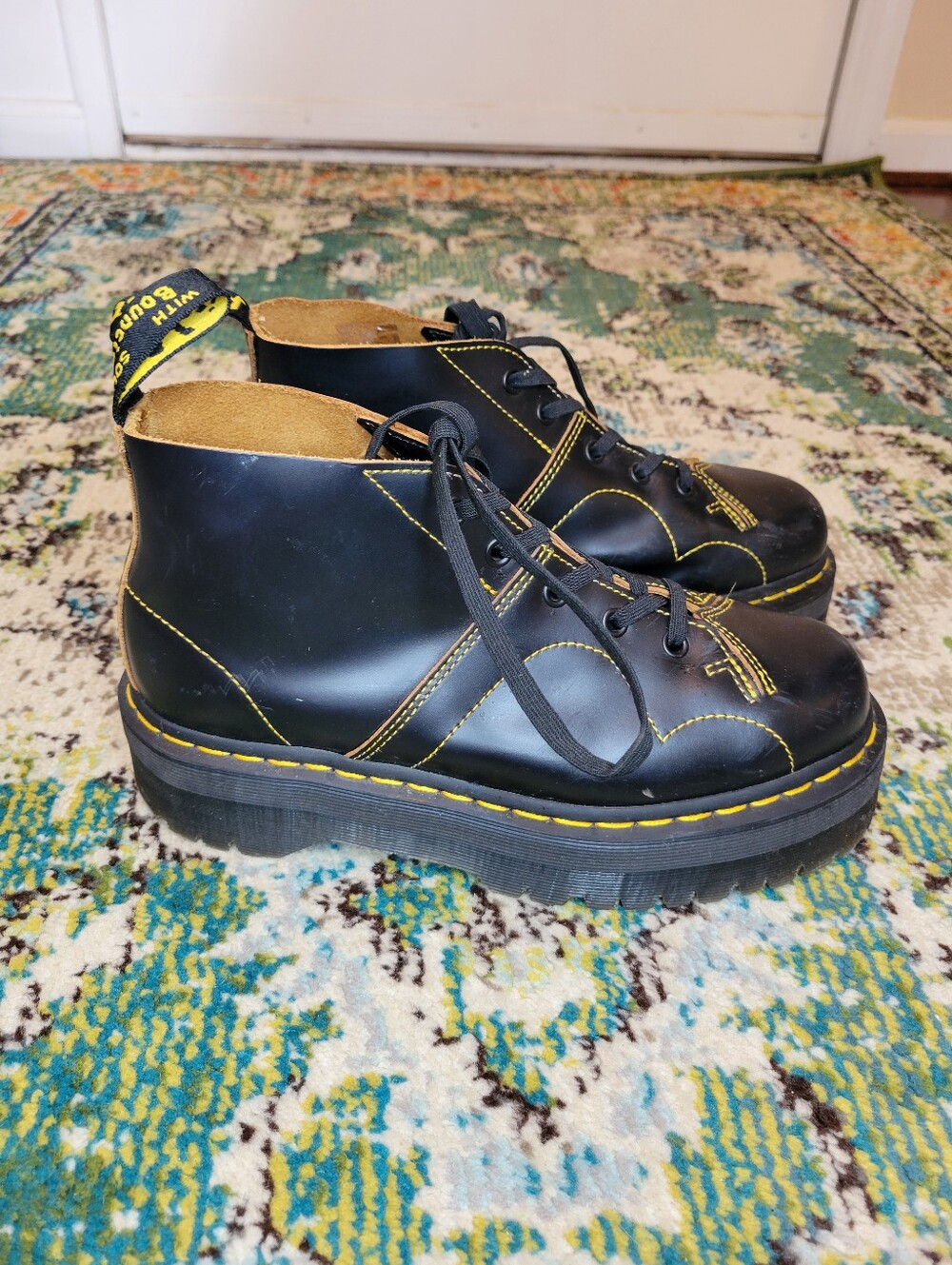 Dr. Martens Church Quad Platform Monkey Yellow Stitching Leather Boots, W9 M8
